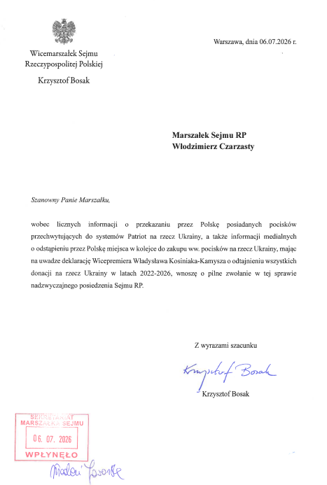 krzysztofbosak's tweet photo. W związku z kolejnymi informacjami o przekazywaniu Ukrainie kluczowych elementów polskiego uzbrojenia, w tym pocisków przechwytujących do systemów Patriot, wystąpiłem do Marszałka Sejmu o pilne zwołanie nadzwyczajnego posiedzenia Sejmu w tej sprawie. 

Nie można dalej tolerować sytuacji, w której opinia publiczna i Sejm nie wiedzą, jakie uzbrojenie oraz wyposażenie wojskowe zostało przekazane Ukrainie i w jakim stanie pozostawiono zdolności obronne polskiej armii.