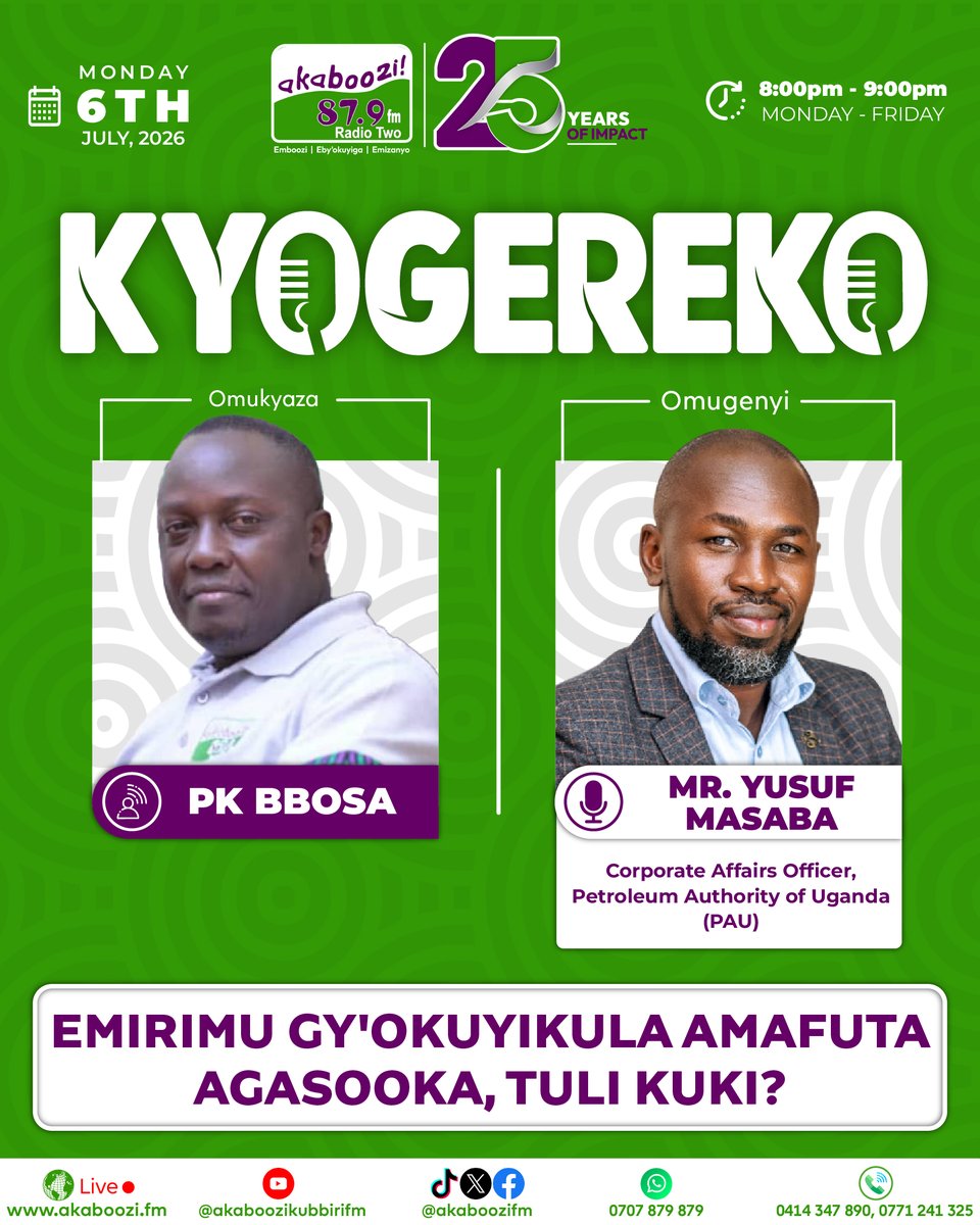 AkabooziFm's tweet photo. ⛽ Emirimu gy'okuyikula amafuta egasoooka, tuli kuki?

Yiga eby'omutindo ku nteekateeka z'amafuta mu Uganda ne @masyus11, Corporate Affairs Officer, @PAU_Uganda, ng'ali ne PK Bbosa ku #Kyogereko.

📻 8:00PM–9:00PM
🌐 https://t.co/rvYLujRSyk

#AkabooziFM #UgandaOilJourney #PAU https://t.co/UIMbbk4h1n