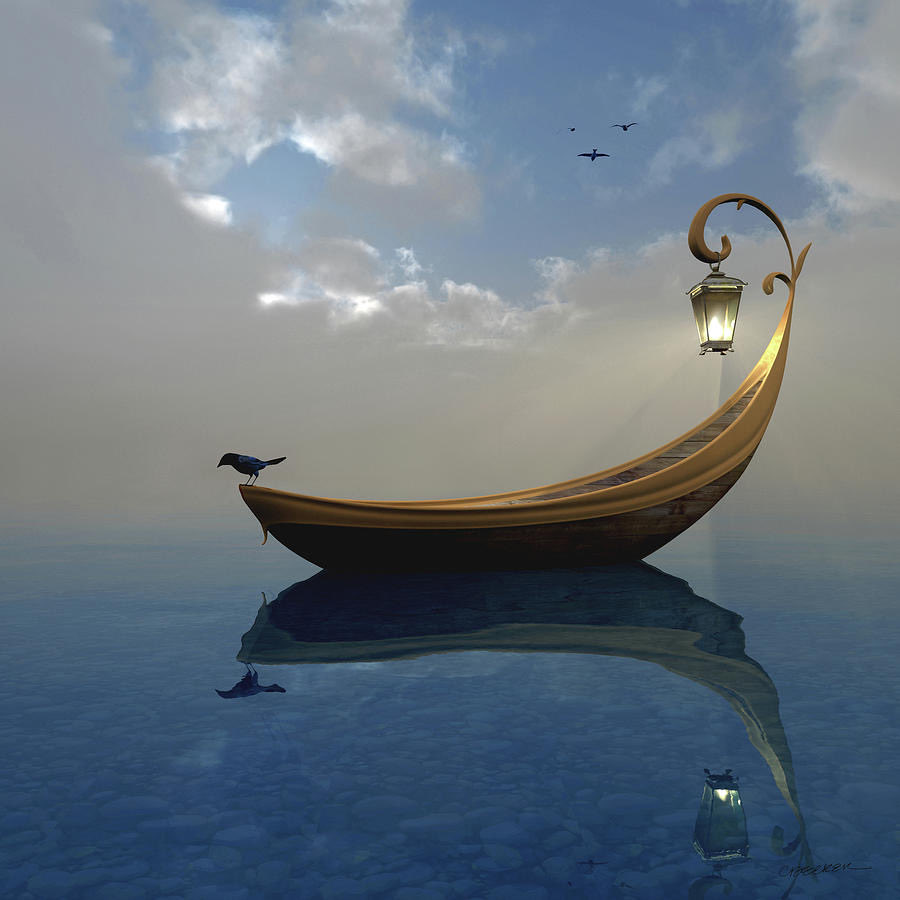 SarahthePoetess's tweet photo. The bird sits still on the bow
of a curved, gold boat,
looking at its dark shape
on the smooth water.

The lamp glows in the fog,
shining on the deep rocks
that do not scare the lone bird
resting in the quiet.

@OnePicPoetry 
#OnePicPoetry
#InnerCalm 
• Art by: Cynthia Decker • https://t.co/w56iVVIe6f