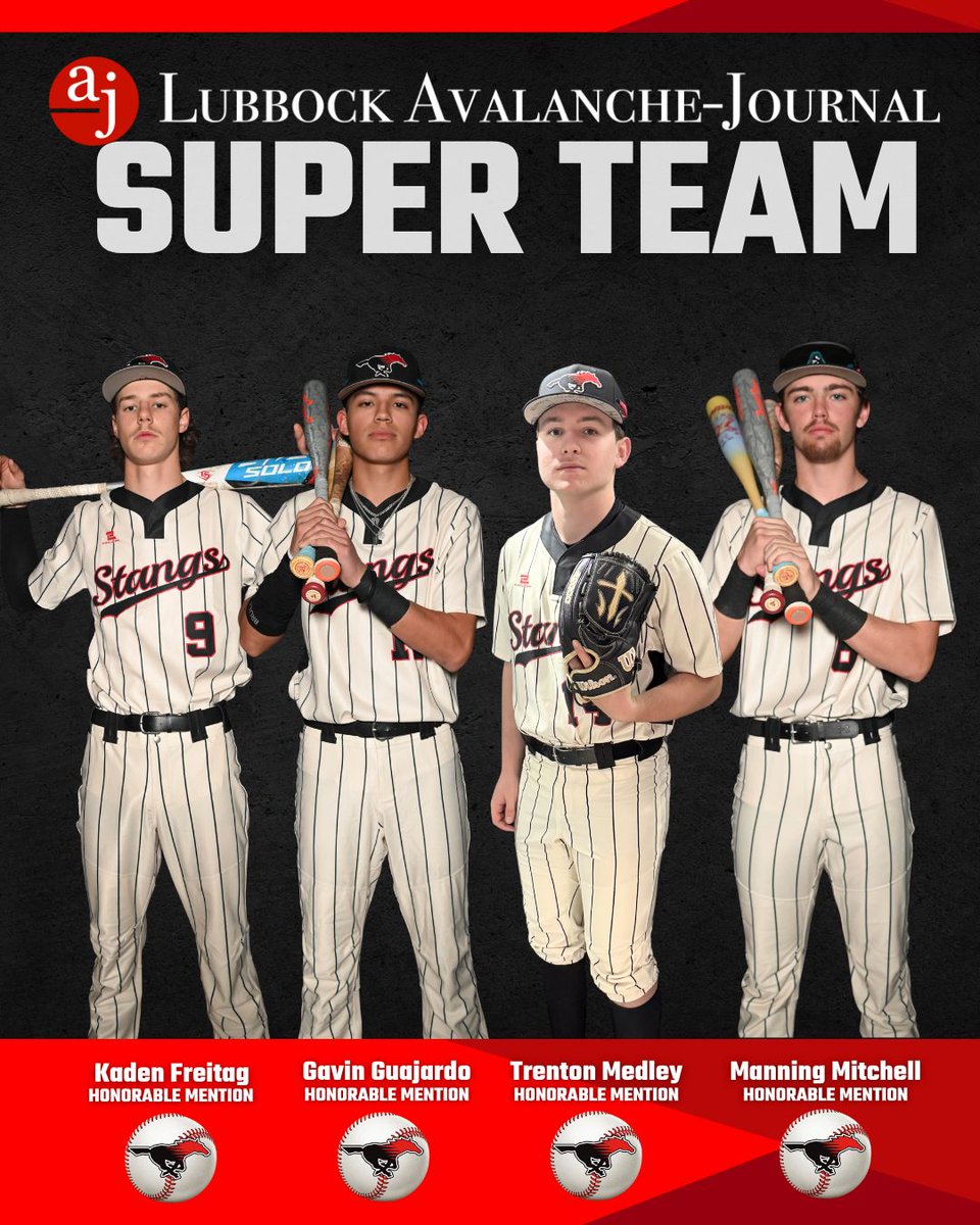 ShallySportsNet's tweet photo. Congrats to these Mustangs on earning Lubbock AJ Super Team Honorable Mention baseball honors!

Kaden Freitag - 1B
Gavin Guajardo - Utl
Trenton Medley - P/2B
Manning Mitchell - 3B

https://t.co/GPGYtO5lzZ 

#ShallowaterISD https://t.co/SlV40aSXxh