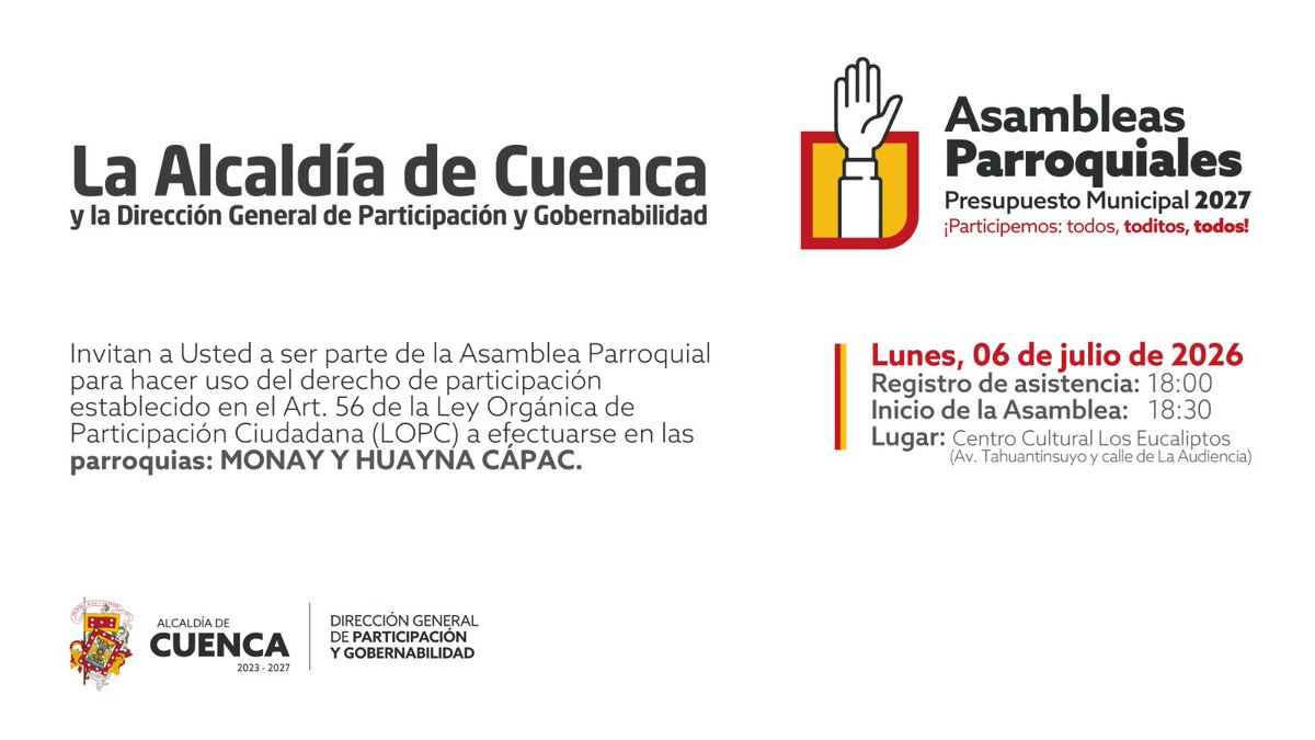 cuenca_dir_gob's tweet photo. 🙋🏻♀️🙋🏻♂️#AsambleasParroquiales del Presupuesto Municipal 2027
🤝Hoy el encuentro de participación ciudadana es con las parroquias #HuaynaCapac #Monay
👍🏻Estamos cerca de la gente, en espacios donde la ciudadanía es protagonista para el desarrollo de nuestra ciudad
#QueCuencaNosUna https://t.co/mFJPPIHaJE