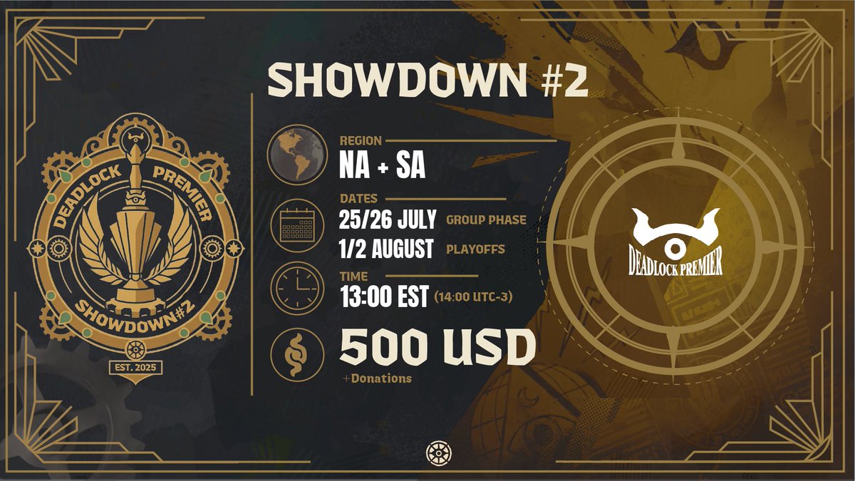 deadlockpremier's tweet photo. OUR BIGGEST TOURNAMENT YET!

32 TEAM SLOTS
Open to NA and SA
500+ USD IN PRIZES!!!
 
This will also be Deadlock’s first tournament broadcasted in 3 languages.

For more info, join our discord, link in bio! https://t.co/7k48g961AF