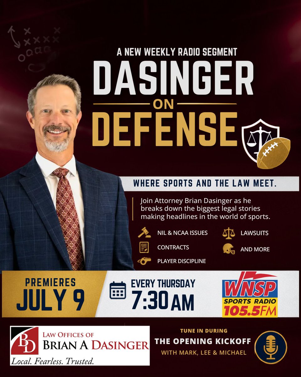 DasingerLawFirm's tweet photo. Big news! Brian Dasinger is joining Mark, Lee, and Michael on 105.5 FM WNSP Sports Radio for the Opening Kickoff at 7:30 AM every Thursday starting this week!π Get ready as Brian dives into the biggest legal stories in sports!π» #OpeningKickoff #SportsTalk #WNSP #Mobile #Alabama https://t.co/7XDWavGb9P
