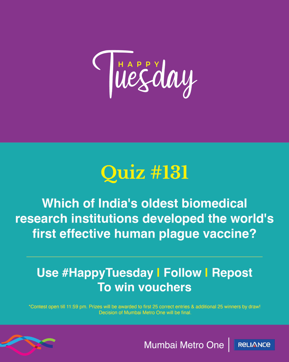 MumbaiMetro01's tweet photo. #HappyTuesday quiz is here! 

The 131st edition is about the 1897 breakthrough, formulated at a makeshift laboratory in Parel.

Prizes will be awarded to 50 winners, the first 25 correct entries, and an additional 25 winners by draw.

Follow, Repost and Use #HappyTuesday (all mandatory) to win. 

#ContestAlert #Giveaways #Voucher #MumbaiMetro