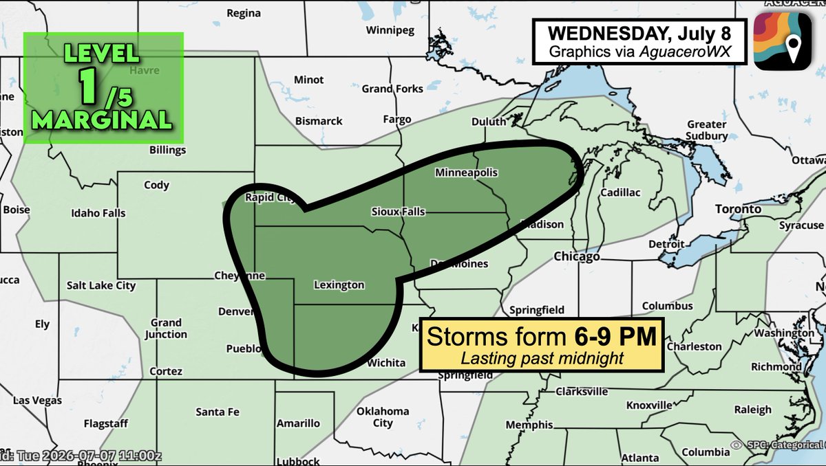 MyRadarWX's tweet photo. WEDNESDAY, July 8 will feature a risk zone for storms across parts of the Plains and Upper Midwest. Things look to get wet overnight, potentially lingering into Thursday morning. 

A cold front will impinge upon a humid, moisture-rich airmass, causing scattered thunderstorms to form between 6 and 9 PM, coinciding with peak daytime heating. 

Storms may eventually merge into a line. There's not much jet stream wind energy blowing overhead, keeping the severe weather risk marginal. Only scattered gusts of 50-60 mph are likely.

That said, locally heavy rainfall is probable. Storms will sag southward overnight before dissipating into Thursday morning.