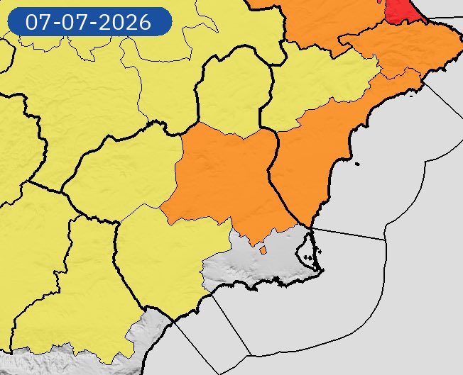 CiezaEnTuMano's tweet photo. ⚠️ AEMET emite boletín de ampliación de los avisos por fenómenos meteorológicos adversos para mañana martes, 7 de julio.

🟠 Nuevo aviso NIVEL NARANJA

📍 Vega del Segura
🌡️ Hasta 40 ºC
⏰ 13:00–21:00 h
📊 40–70 % https://t.co/620zc80qFd