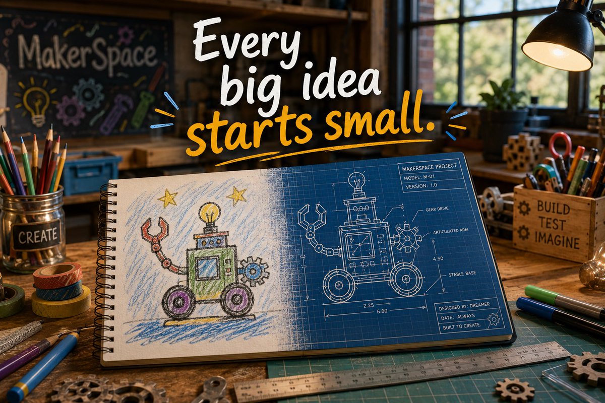 EnterMakerSpace's tweet photo. Every great adventure starts with one small idea.

#TalesFromTheMakerSpace #KidLit #Creativity https://t.co/U1DPZtp7fO