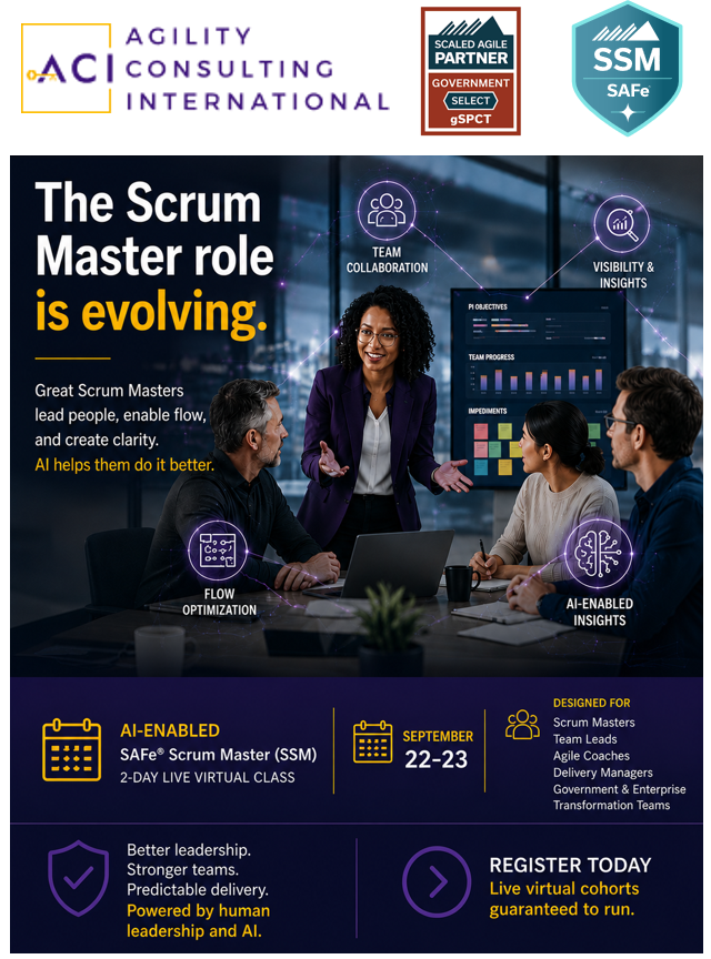 AgilityConsult2's tweet photo. AI should support Scrum Masters — not replace them.
Human-centered leadership still drives successful Agile teams.
Register Today! Guaranteed to Run
📅 September 22-23 Live Virtual: https://t.co/dqR0lPWlPq
#SSM #AI #SAFe https://t.co/qxul8ewiVP