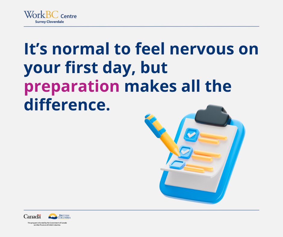 WorkBCSC's tweet photo. 💡Feeling nervous before your first day at a new job? Don’t worry, it’s normal, and it gets better. With a few simple tips, you’ll feel more confident and capable from the very start.

Get ready to make a great first impression—check out these day-one tips. https://t.co/0er6k02OKJ