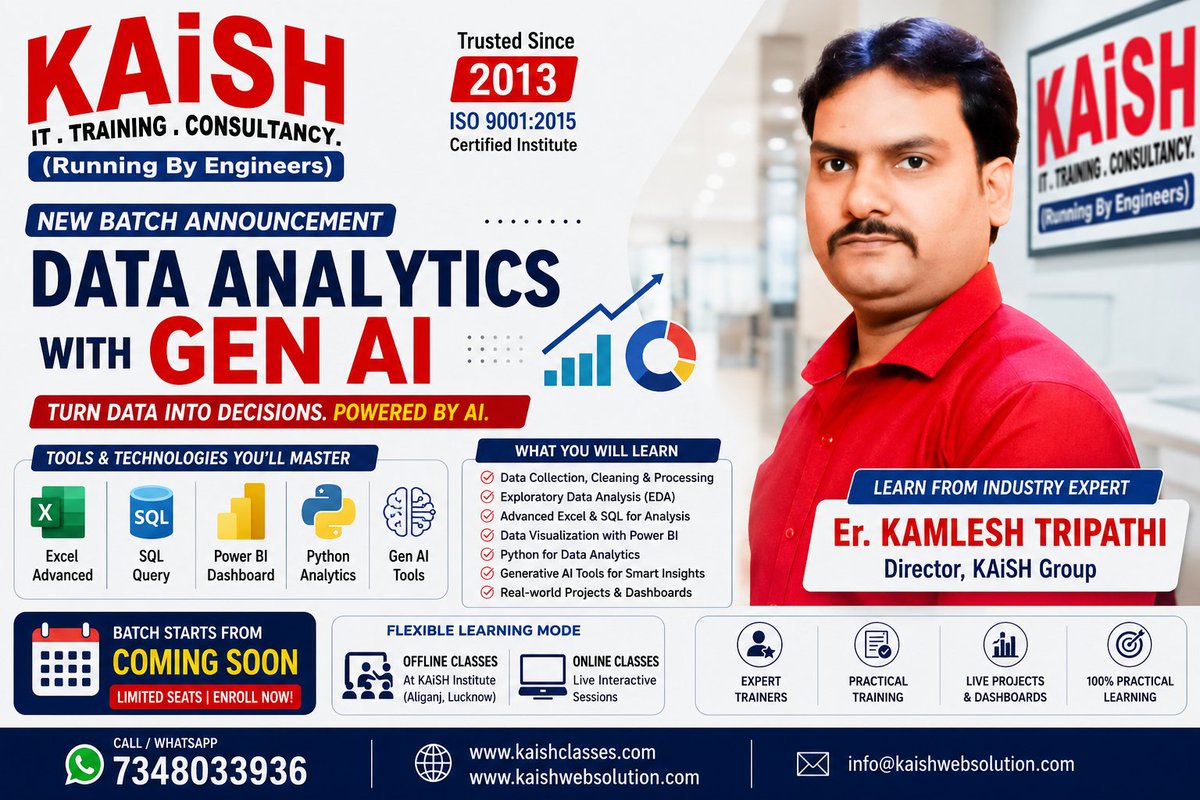 Kaishclasses's tweet photo. 🚀 New Batch Alert | Data Analytics with Gen AI
📊 Turn Data Into Decisions with AI!
क्या आप Data Analytics, Power BI, Excel, SQL, Python और Generative AI सीखकर अपने Career को अगले स्तर पर ले जाना चाहते हैं?
Join Today #KAiSH
#DataAnalytics #GenAI #ArtificialIntelligence https://t.co/PM54ihnaYN