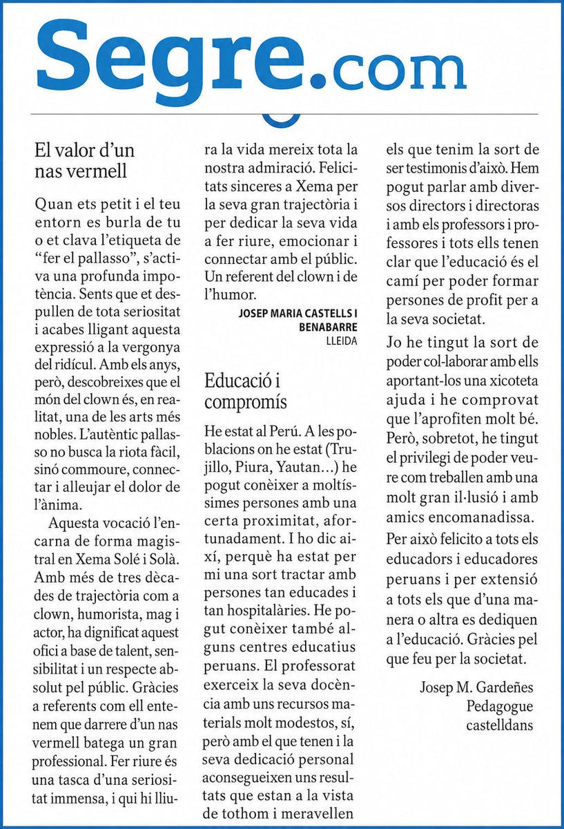 xemasole's tweet photo. Sempre es agradable sentir-se agraït. ¡¡
Adjunto informació que púbica a la premsa el periodista Josep Mª. Castells Benabarre, referent als meus 40 anys xafant escenaris.
Adjunto enllaços per que el pugueu conèixer professionalment:
https://t.co/9ryA3z4XXE
Moltes gracies company https://t.co/8x1gzx36Ub