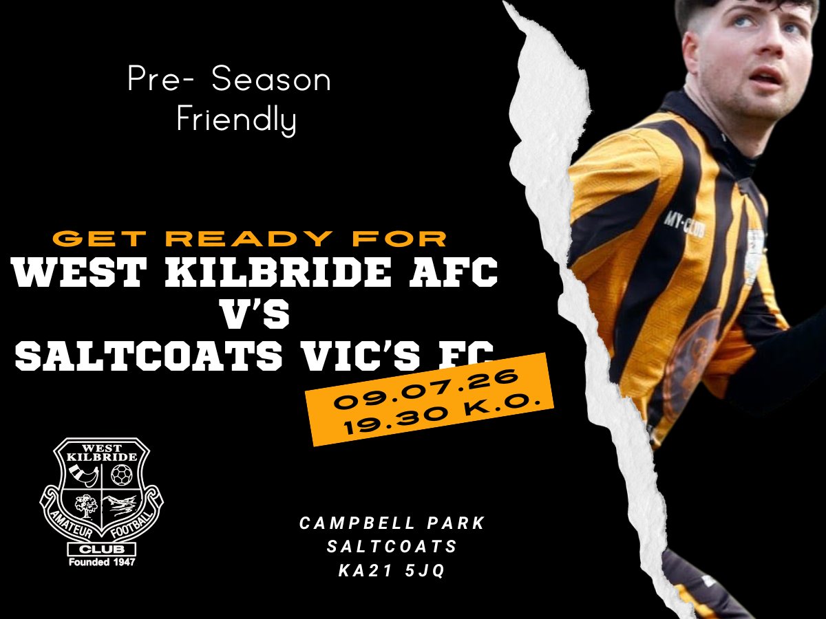 WestKilbrdeAFC's tweet photo. Game 2 of Pre-Season;
On Thursday we take the short trip to Campbell Park to take Saltcoats Victoria F.C. We're looking forward to a cracker of a game. 🟠⚫️🟠 
Please note £3 entry at the gate https://t.co/JQHK8hn03B
