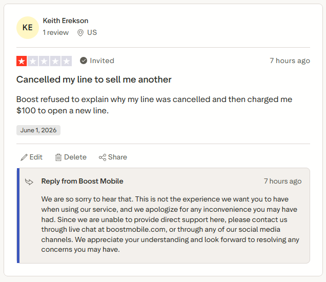 KeithAErekson's tweet photo. Hey @boostmobile can you help? Since I posted this review I see that you are now also charging me an additional fee each month? https://t.co/GGnEOgCzVj