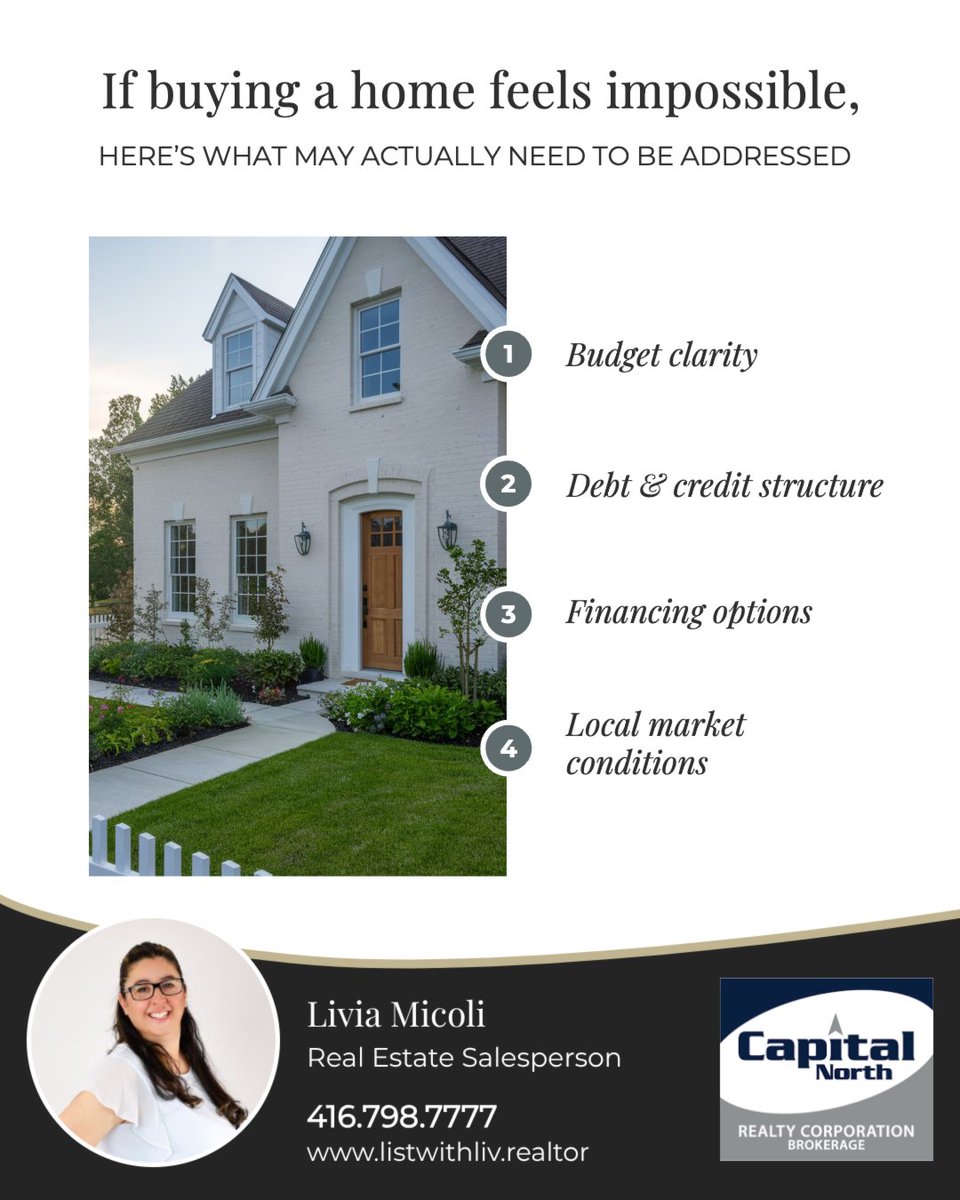 LivMico's tweet photo. If buying a home feels impossible, start by getting clarity. 🏡

📊 Understand your true budget
💰 Review debt and credit
🏦 Explore financing options
📍 Focus on your local market

The right strategy can make homeownership feel much more achievable. 💬

#GTArealestate https://t.co/zo5gjS3q13