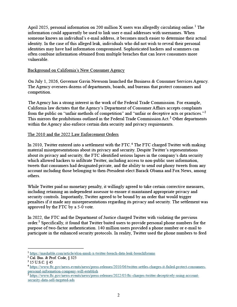 ChopraUSA's tweet photo. When companies compromise our most sensitive personal data, this can lead to illegal scams, spying, and stalking. 

To ensure that our data is not misused or abused on this platform, California submitted a filing to the FTC outlining why the agency should deny a request from X to rip up its past law enforcement orders. https://t.co/y5VX0yWnuE