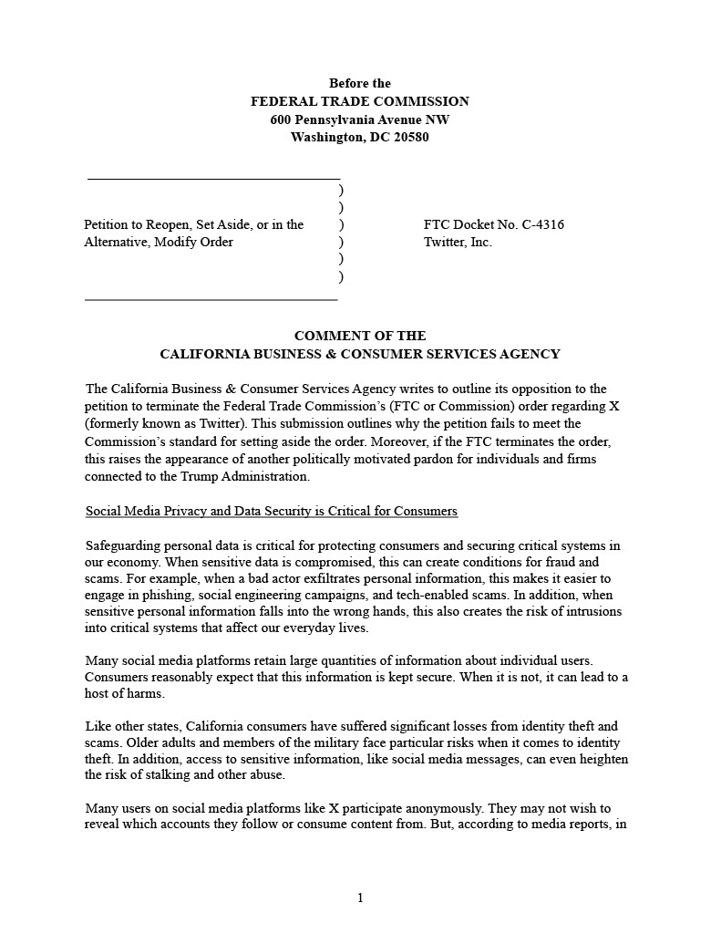 ChopraUSA's tweet photo. When companies compromise our most sensitive personal data, this can lead to illegal scams, spying, and stalking. 

To ensure that our data is not misused or abused on this platform, California submitted a filing to the FTC outlining why the agency should deny a request from X to rip up its past law enforcement orders. https://t.co/y5VX0yWnuE