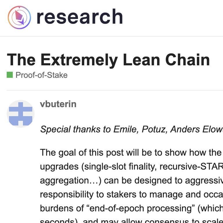 TheBlockCo's tweet photo. THE BLOCK: Vitalik Buterin outlines "Extremely Lean Chain" proposal that would drop Ethereum's beacon chain state to the bare minimum. https://t.co/Jd2e1xskxw