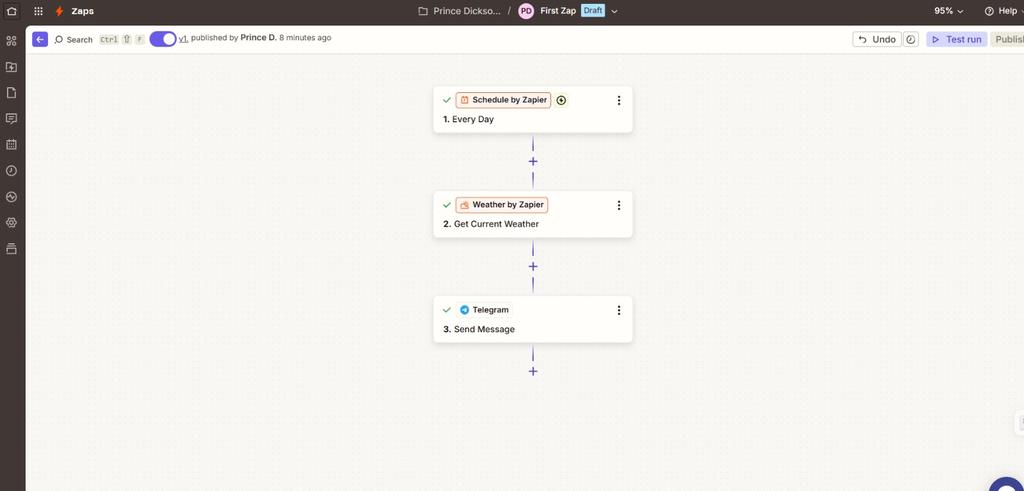 DicksonPri35608's tweet photo. Day 17/30.
Built my first zap: Schedule by Zapier → Weather by Zapier → Telegram.
Every day, it checks the weather and sends me the forecast on Telegram at 6am. No app opening, no manual checking. Published and live. ☀️🌧️
3 steps. Fully hands-off.

@TechSphereAcad  #HajimeC https://t.co/6vOKYhfBW6