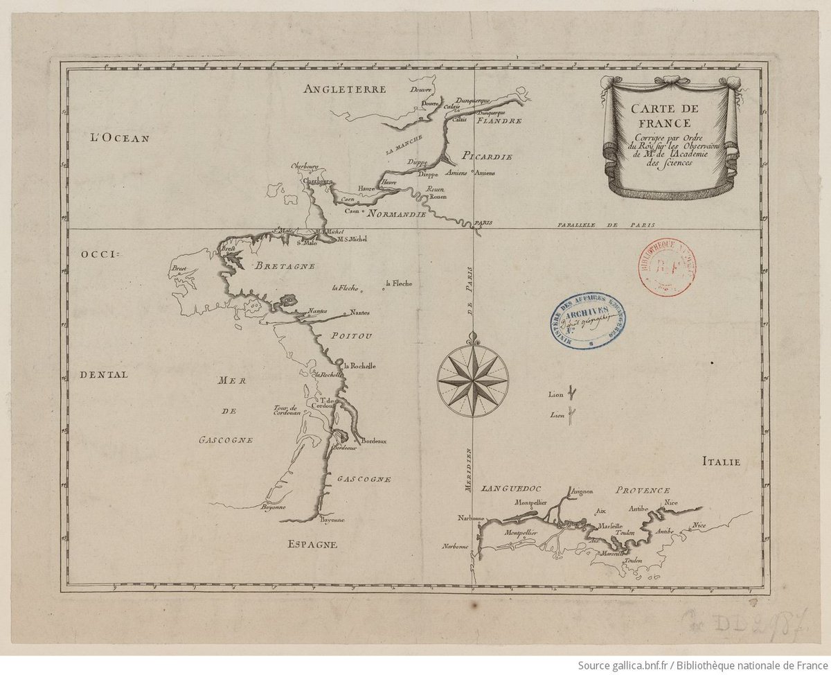 VarlanOlivier's tweet photo. La "carte de France corrigée par ordre du roi" (1693). Un meilleur calcul des longitudes permit de corriger le tracé des littoraux, faisant dire à Louis XIV que les savants de l'Académie lui avaient pris "plus de territoires que tous ses ennemis réunis" !
https://t.co/Rt9dy8tBRq https://t.co/SW2iN9vkYB