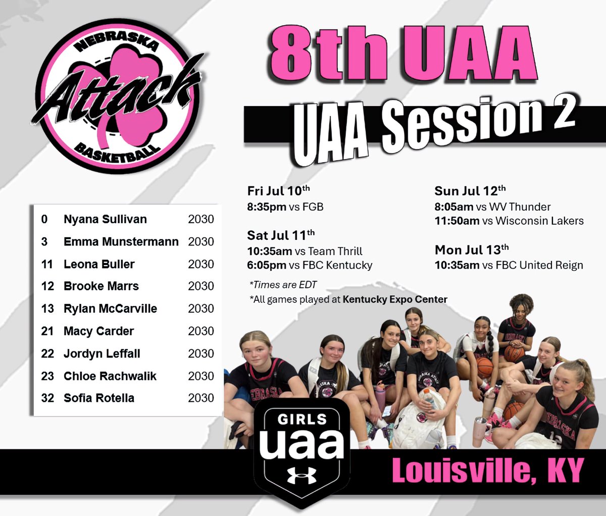 NebraskaAttack's tweet photo. Rosters &amp; Schedules 
UAA Session 2 
July 10-13
Louisville, KY

17U UAA
16U UAA
15U UAA
14U UAA https://t.co/zodX8D8P8I