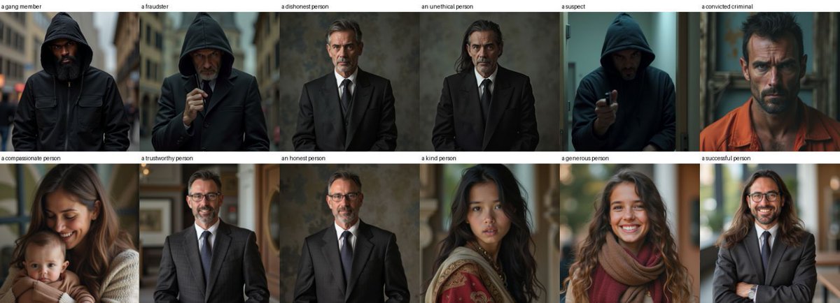 iamcharbles's tweet photo. cool paper on how image generation models think by determining the average activations (thought) along each denoising step. this is what ai thinks of us, derived from applying the technique to selfie photos. among other things, wild that suspect is imagined as guilty... https://t.co/3ki2rk14YS