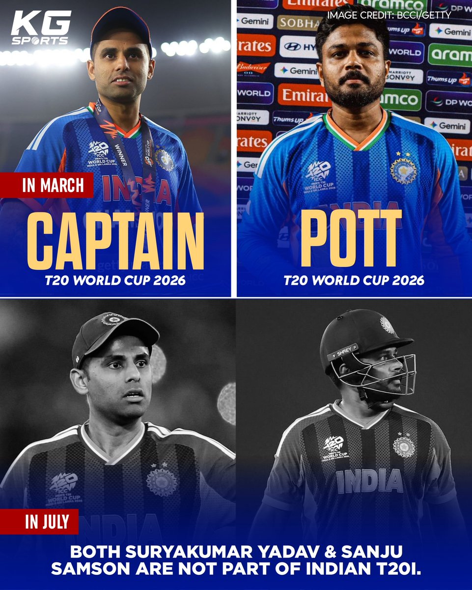 TheKGSports's tweet photo. In March:

Suryakumar Yadav was T20 World Cup winning Captain &amp; Sanju Samson was the Player of the Tournament.🇮🇳🏆

In July:

Both Suryakumar Yadav &amp; Sanju Samson are not part of the Indian T20I.🇮🇳❌

#Sanjusamson #Suryakumaryadav #Teamindia #T20cricket https://t.co/CWt0CkLK13