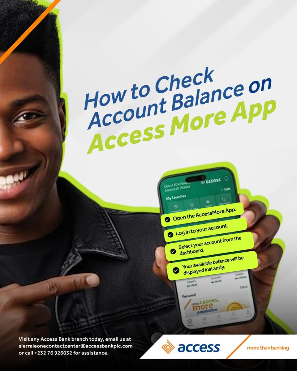 AccessSL_Ltd's tweet photo. Your balance. Your control. Your convenience. 💙
Open the Access More App, log in, and check your account balance instantly. Banking has never been this simple!
#DigitalBanking
#BankSmart 
#BankAnywhere
#MoreThanBanking https://t.co/Z4875Ry0Pg