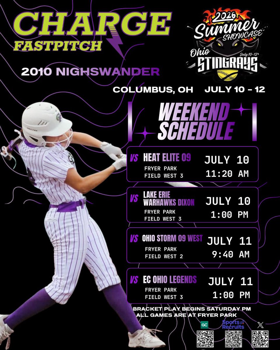 ChargeFP_Nighs's tweet photo. Up next is the Stringrays Summer Showcase in Columbus, Ohio!  Only two tournaments left for the summer!  Come check us out!!💜🥎💚 #gocharge https://t.co/yy1XlTVmHP
