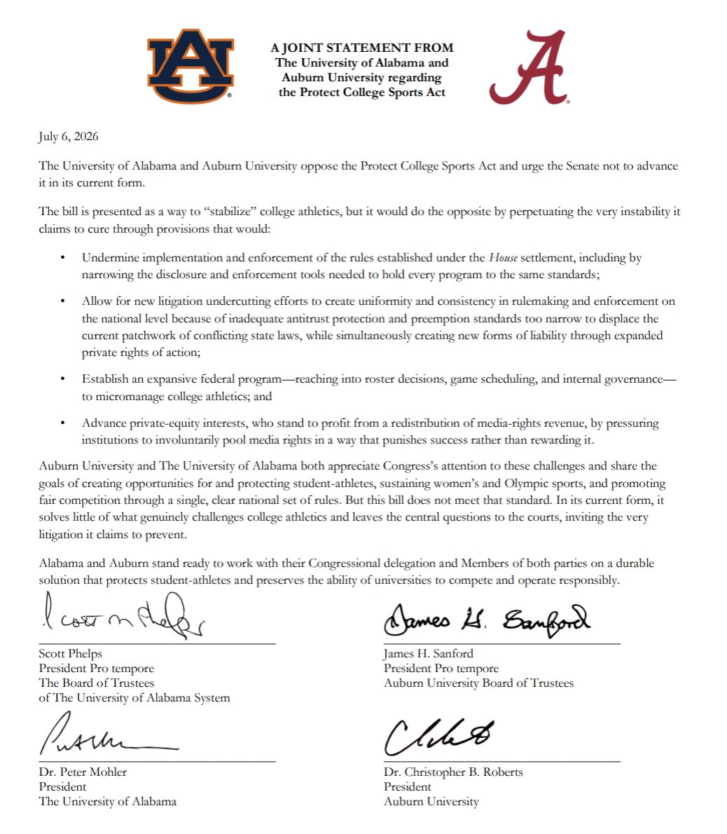 colereporter's tweet photo. #Auburn and Alabama release a joint statement in opposition of the Protect College Sports Act. https://t.co/bJVmRWZs9b