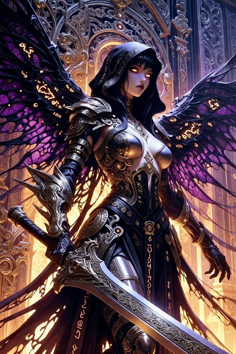 Delerat7's tweet photo. ✨✨ Fun with Prompts ✨✨

Try it out, change it, make it your own, share it / post it 👇🏻👇🏻 , inspire and connect 🤍🎉

Stunning cinematic portrait of a beautiful dark fallen angel warrior woman with glowing fiery orange eyes, pale skin, black hooded cloak and bangs, wearing intricate ornate black and silver fantasy armor with gold accents. Massive dramatic black wings with glowing purple runes and ethereal patterns spread wide. She holds a huge ornate rune-etched sword in one hand, standing powerfully in a grand gothic cathedral with golden dramatic lighting, highly detailed, epic fantasy style, dramatic atmosphere, 8k –ar 9:16 –stylize 750