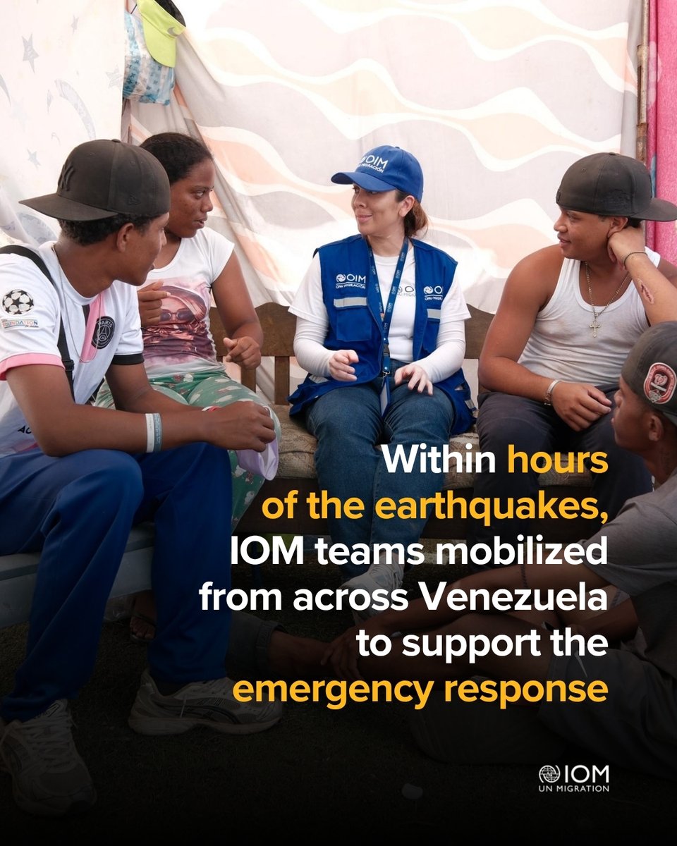 UNmigration's tweet photo. When disaster strikes, every hour counts.
 
From emergency shelters to medical care, safe water and protection, IOM continues to work alongside Venezuelan authorities and partners to support communities affected by the earthquakes. https://t.co/g7VLcEHbGb