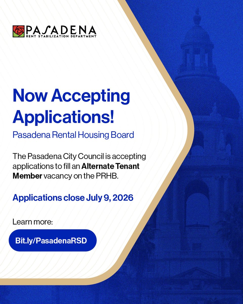 PasadenaRSD's tweet photo. The City of Pasadena is accepting applications for an Alternate Tenant Member vacancy on the Pasadena Rental Housing Board. Apply by July 9. Learn more: https://t.co/WJTjjje6CT or contact the City Clerk's Office at (626) 744-4124. https://t.co/ZlU7RNkRCO