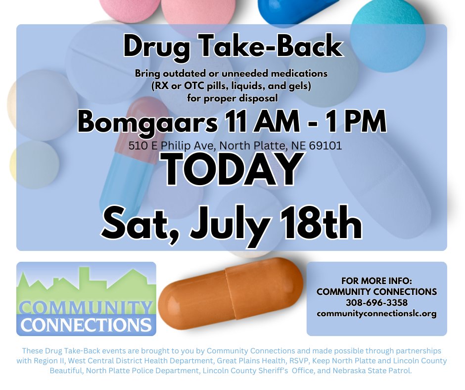 CommConnLC's tweet photo. Heading to the North Platte Pow Wow?
Make a quick stop at Bomgaars before you go!
Bring your unused/expired medications to our FREE, safe, &amp; anonymous Drug Take-Back Event.
Bomgaars – North Platte
Today, Sat, July 18 | 11 am–1 pm
#PreventionMatters #HealthyChoices #DrugTakeBack https://t.co/vSENf6hEeC