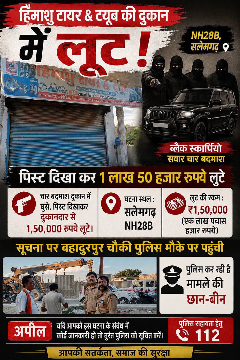 kumar099854306's tweet photo. कुशीनगर...
📍सलेमगढ़ स्थित NH-28B पर दिनदहाड़े एक टायर दुकान पर हथियारबंद बदमाशों ने लूट की वारदात को अंजाम दिया। जानकारी के अनुसार, हिमांशु टायर एंड ट्यूब की दुकान में काले रंग की स्कॉर्पियो से पहुंचे चार बदमाशों ने पिस्टल दिखाकर करीब ₹1.50 लाख नकद लूट लिए और मौके से फरार हो गए https://t.co/PwrgrSHJNN
