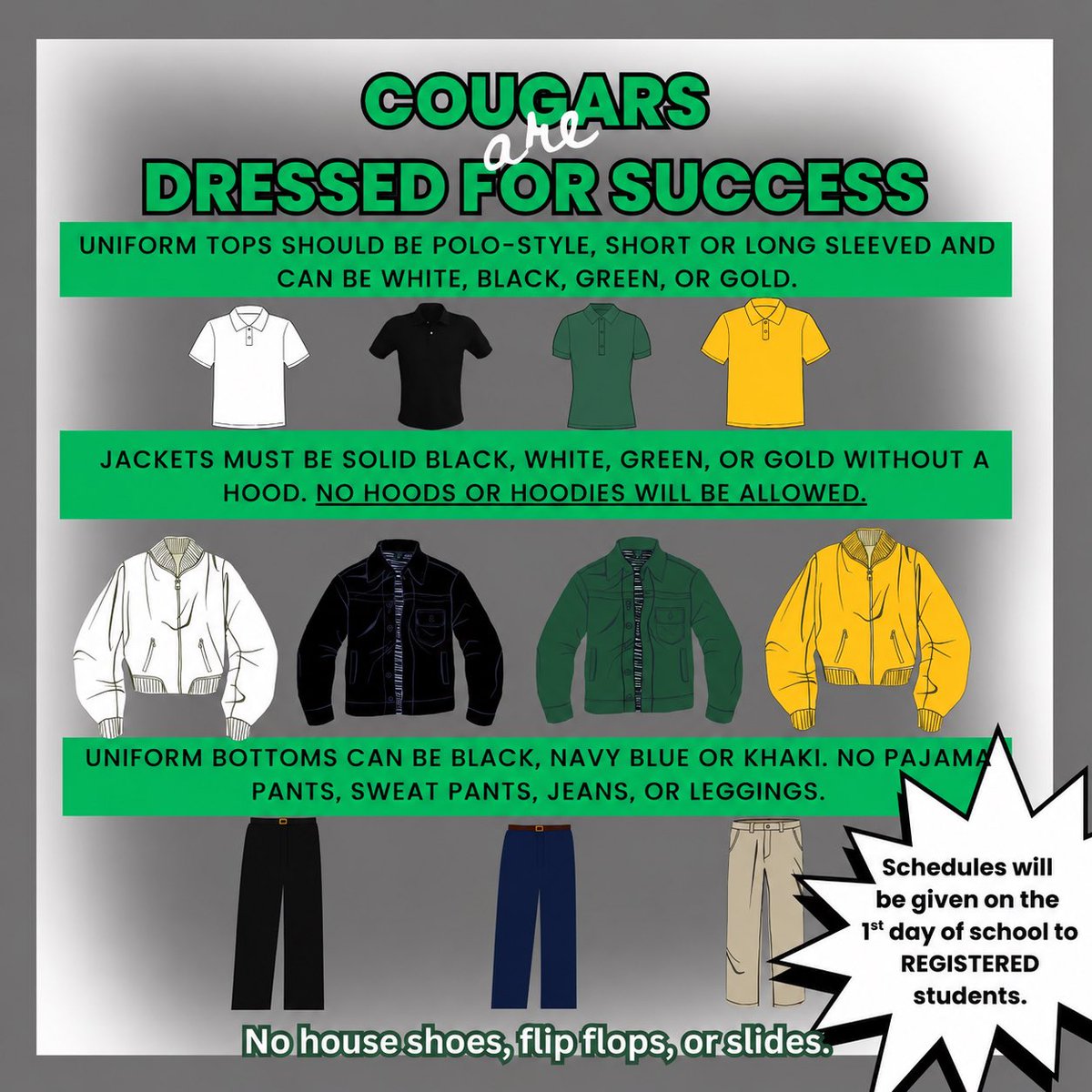 jcmmscougars's tweet photo. As we gear up for an amazing school year, let’s start strong by following our school dress code. Together, we’ll create a positive learning environment where every Cougar is ready to learn, lead, and succeed! #JCM #CougarPride #DressedForSuccess #ReadyToLearn #RestoreTheROAR https://t.co/oZjTXmrCej