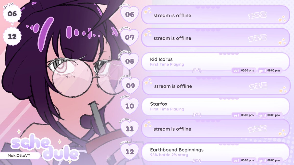 MakiOttoVT's tweet photo. I didn't forget! Heres the schedule! Wanted to play some new stuff but dont worry I'll go back to some of the older games I need to finish like Oracle of seasons and mario! But right now I'm highkey super invested in playing Earthbound. https://t.co/fa2iT3CiEY