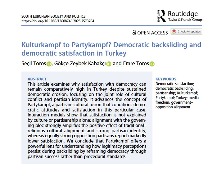 sesp_j's tweet photo. 💡NEW STUDY FINDS…💡🇹🇷 #OpenAccess
‘Cultural conflict alone cannot explain democratic satisfaction’
S. Toros, G. Zeybek Kabakçı and @emretoros
analyse Democratic #backsliding and democratic satisfaction in #Turkey
🔓Read the article 👇
https://t.co/Y2bE7vcBQN https://t.co/dniMvJTBhH