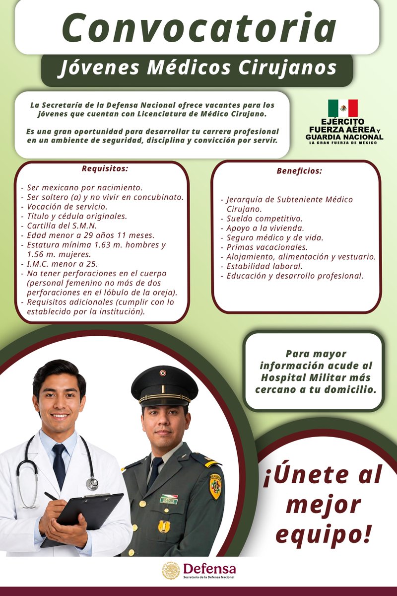 Defensamx1's tweet photo. ¿Cuentas con Licenciatura en Médico Cirujano?

La Secretaría de la Defensa Nacional te invita a formar parte del Ejército, la Fuerza Aérea y la Guardia Nacional, aporta tus conocimientos y vocación de servicio en beneficio de México.

Conoce los requisitos y beneficios para participar en este proceso de reclutamiento.

Tu preparación profesional puede contribuir al bienestar y desarrollo de nuestro país a través de el servicio que brindan las Fuerzas Armadas al pueblo de México.

#EjércitoMexicano #FuerzaAéreaMx #GuardiaNacional #LaGranFuerzaDeMéxico
