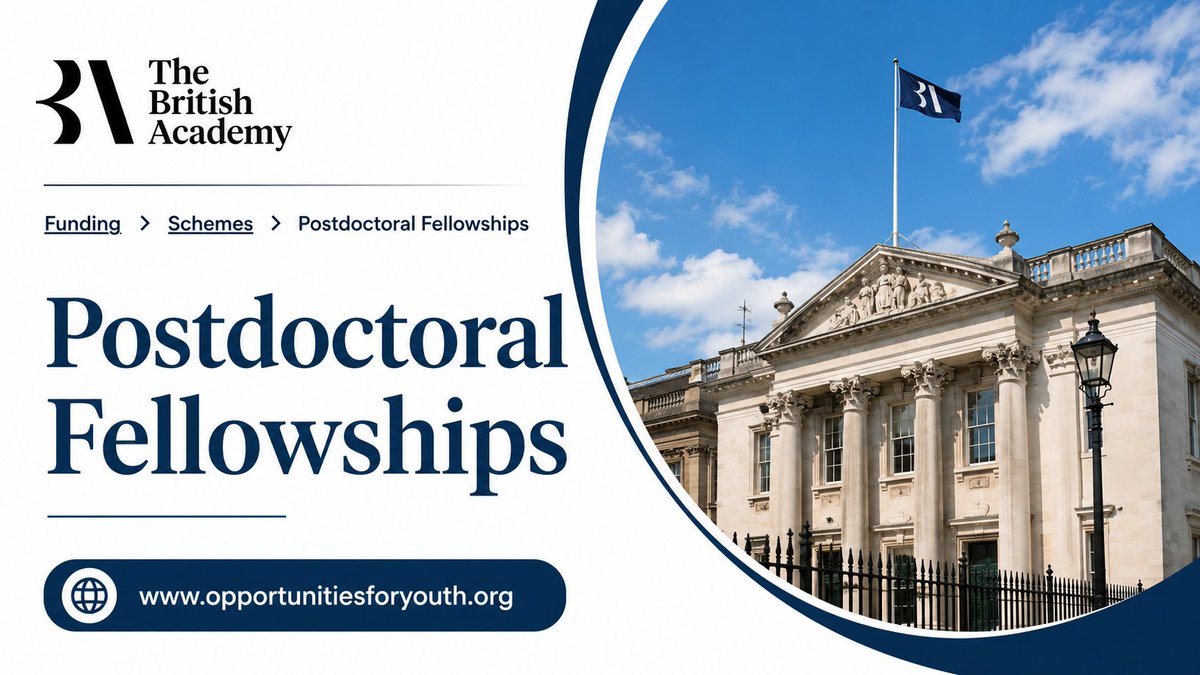 opportunitiesfy's tweet photo. 🎓🇬🇧 British Academy Postdoctoral Fellowships 2026 are OPEN!
📚 3-year funded fellowship for early-career researchers in the humanities &amp; social sciences at eligible UK institutions.
📅 30 Sept 2026
🔗 https://t.co/NuxGM2kB0i
#BritishAcademy #Postdoc https://t.co/8LsYqgcfOK