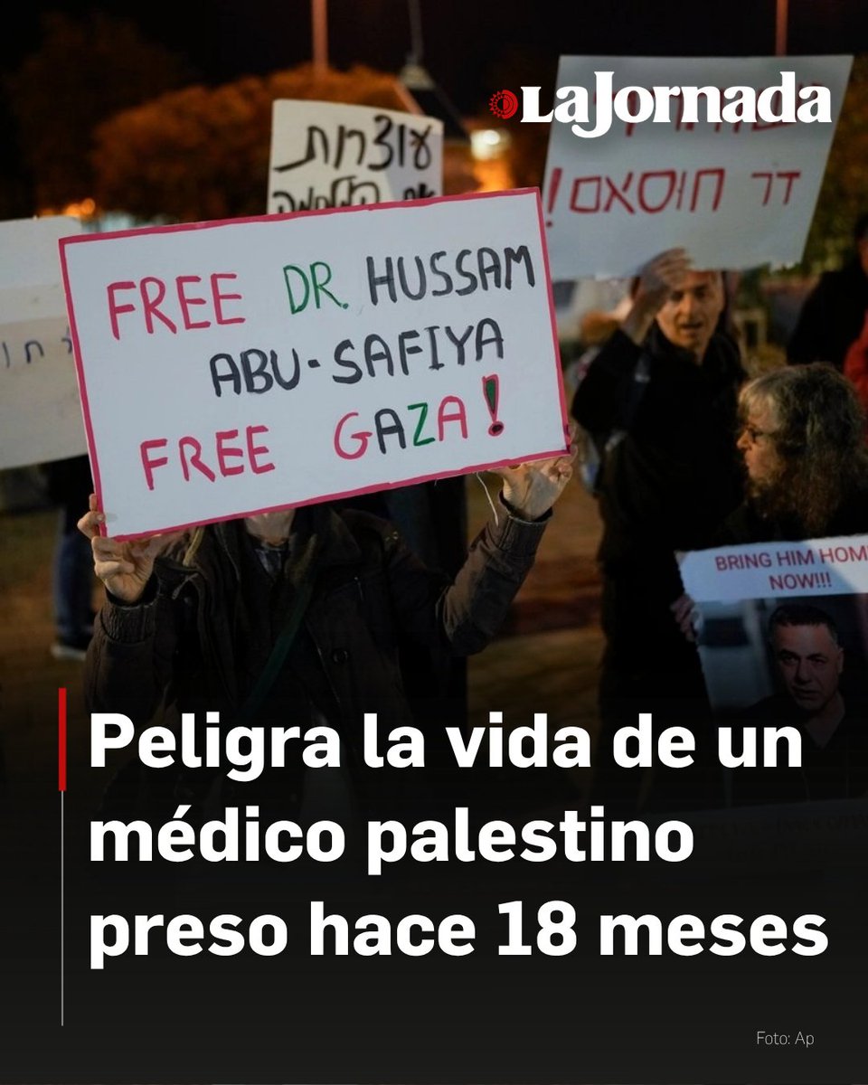 LaJornada's tweet photo. El destacado médico palestino Hussam Abu Safiya, detenido por fuerzas israelíes hace 18 meses, ha sido maltratado durante su cautiverio y se encuentra en estado crítico, denunciaron su abogado y el grupo de derechos humanos que lo representa, al tiempo que su hijo exigió liberarlo, ya que su vida corre peligro.

Además, el ex preso palestino Maher Abdul Latif Younis, quien pasó 40 años encarcelado por Israel acusado de presuntamente participar en la resistencia armada, murió la madrugada de ayer a los 68 años.

Más información en: https://t.co/Ey55dHAyfc