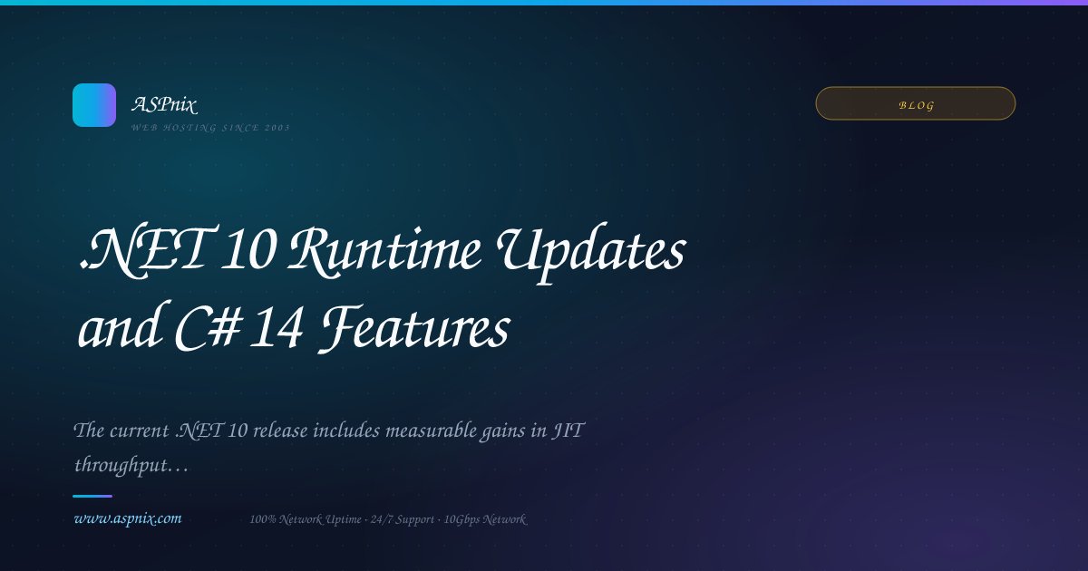 ASPnix's tweet photo. .NET 10 Runtime Updates and C# 14 Features
The current .NET 10 release includes measurable gains in JIT throughput and container startup times. C# 14 adds targeted language improvements that reduce boilerplate in common scenaβ¦
https://t.co/BXZOxJxQiR
#ASPNETCore #C14 #NET https://t.co/7U11cPo64o