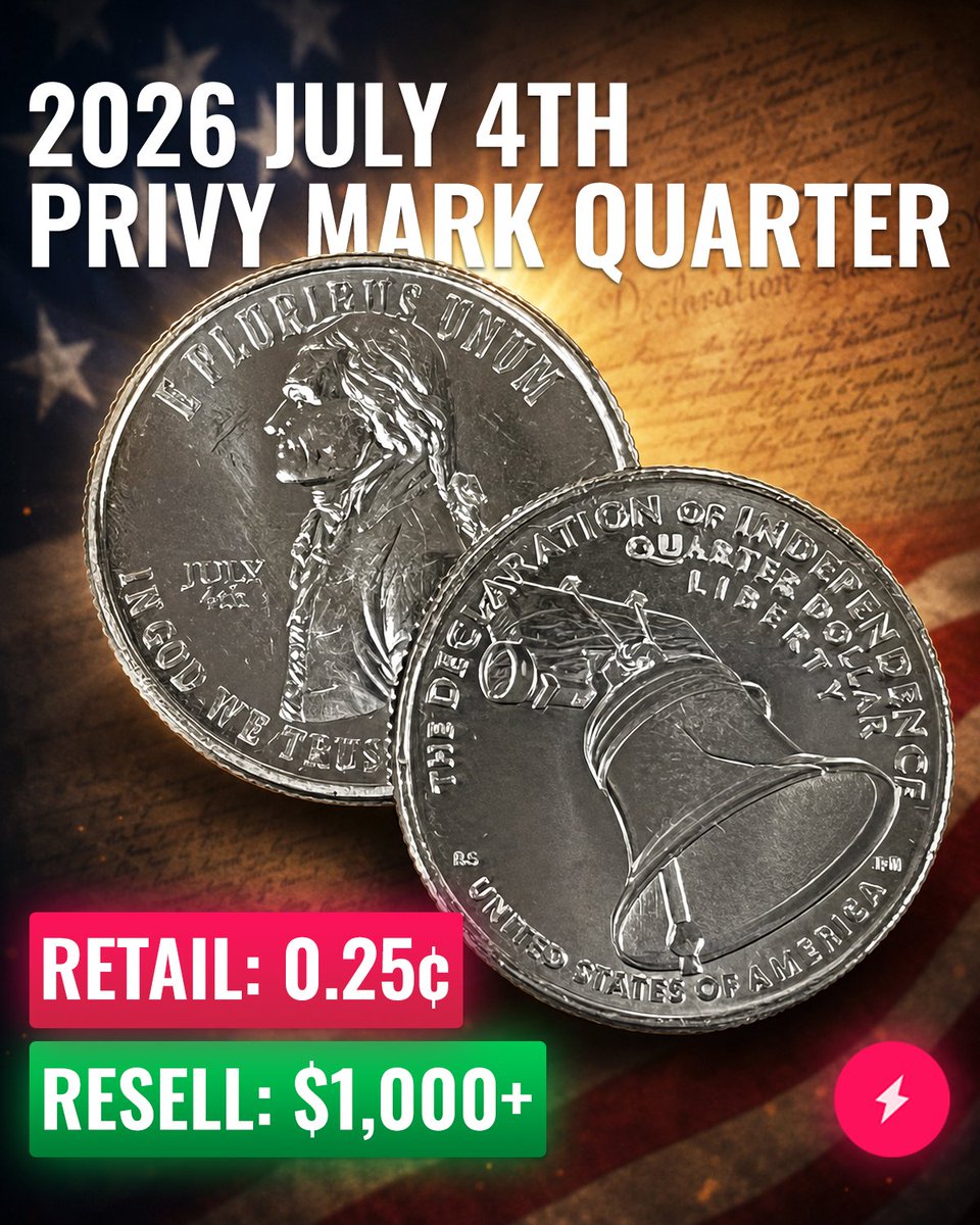 AMNotify's tweet photo. Check your pocket change 👀🪙

The US Mint released 250,000 July 4th privy mark quarters into circulation, and the rare coin is now fetching over $1,000+ on eBay 🤑

This privy mark is only found on the new 2026 Declaration of Independence quarters, featuring a "July 4th" inscription on the face.

Don't let this one slip through your fingers!