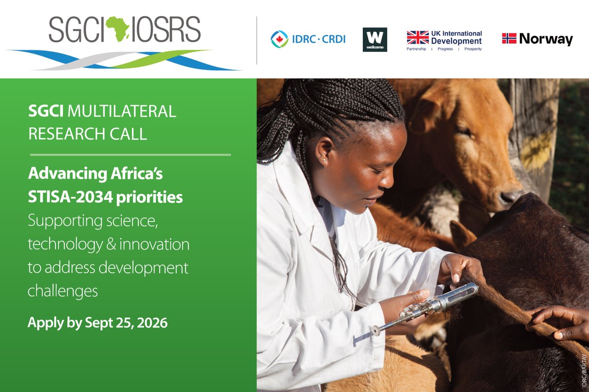 IDRC_CRDI's tweet photo. Health researchers in Africa: advance resilient health systems, One Health &amp; care innovation. 

Apply to the @SGCIAfrica research call aligned with STISA 2034. 

📆 Deadline: Sept. 25, 2026 – Apply: https://t.co/c6TLd0F9Oy

#STISA2034 https://t.co/KzStbOVbwO