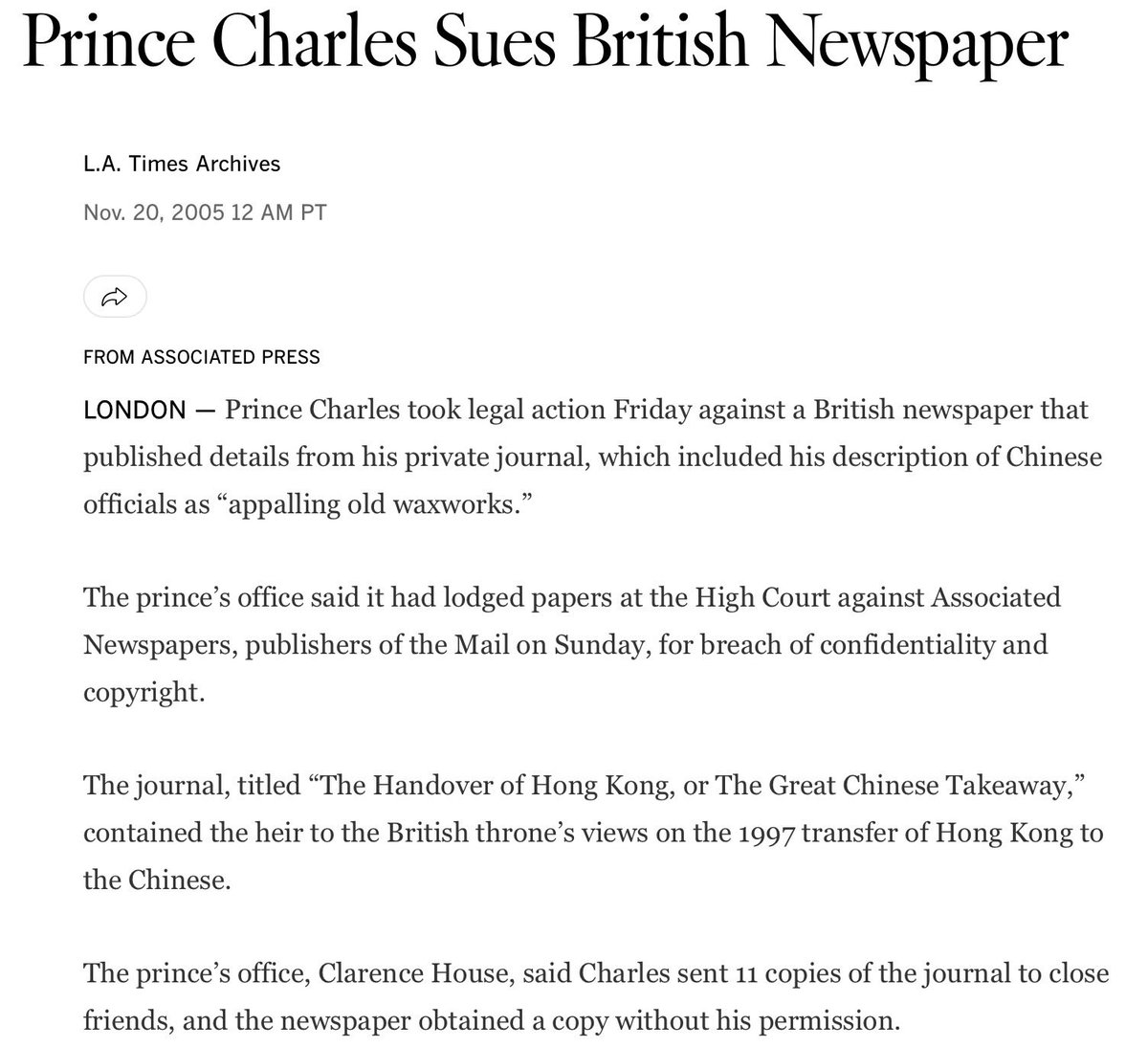 Katmed311's tweet photo. @EmmaWalton12251 @ValleyGirl629 When Charles sued the newspapers back in 2005, did the Queen also tell him he can’t be seen near her or stay in any royal residences because “it’s not constitutionally appropriate for a monarch to appear involved in, or associated with an *ongoing* case brought by her son”? https://t.co/b8oIEOoo4C