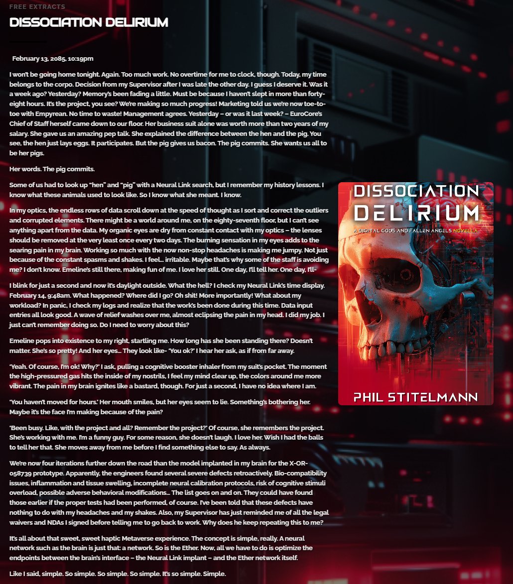 Phil_Stit's tweet photo. Want a free extract from Dissociation Delirium? Go to my website and make up your own mind!

Link in first comment!

You'll also find a free extract from No Future Tonight, my second novella, set to release on JULY 10! https://t.co/J0AG1HGMSe