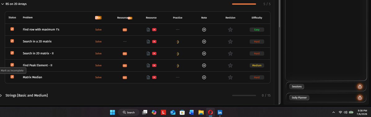 Parass227's tweet photo. Day 28 DSA Progress ⚡

Completed the Binary Search on 2D Arrays section

Solved:
1) Find Row with Maximum 1's
2) Search in a 2D Matrix
3) Search in a 2D Matrix II
4) Find Peak Element II
5) Matrix Median

 On to Strings now!

#buildinpublic #dsa https://t.co/eDgScIztTy