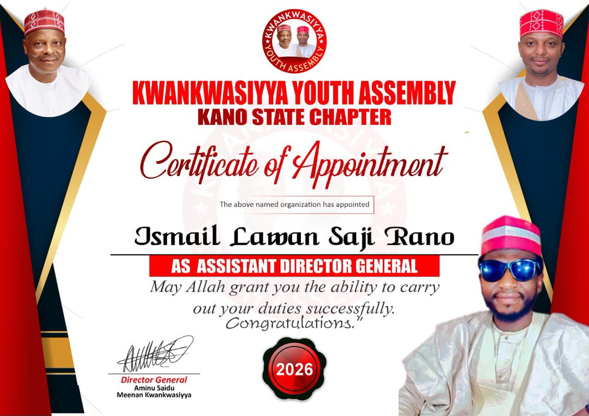 Hamza_st0's tweet photo. Kungiyar Kwankwasiyya Youth Assembly ta Jahar Kano, karkashin shugabancin Alh. Aminu Saidu (Meenan Kwankwasiyya) ta mika Takardar Shedar kama aiki ga Isma’il Lawan Saji Rano a matsayin Mataimakin Darakta Janar na Kungiyar reshen Jahar Kano.

Congratulations
Allah Ya tayaka ruko https://t.co/Yss6mky7Fm