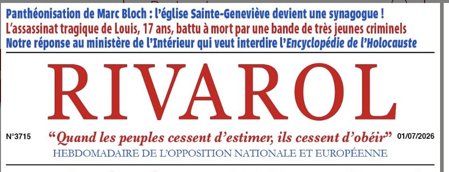 OuzouliasP's tweet photo. Le journal Rivarol ose titrer sur la panthéonisation de Marc Bloch : « L’église Sainte-Geneviève transformée en Synagogue ».

Une rhétorique antisémite obsessionnelle et abjecte. Face à ce torchon multi-condamné par la justice, le laisser-faire n'est plus une option.

J’interpelle la ministre de la Culture  @catherinepegard  via une question écrite : quelles sanctions comptez-vous appliquer pour stopper l'impunité de ce média de haine ?