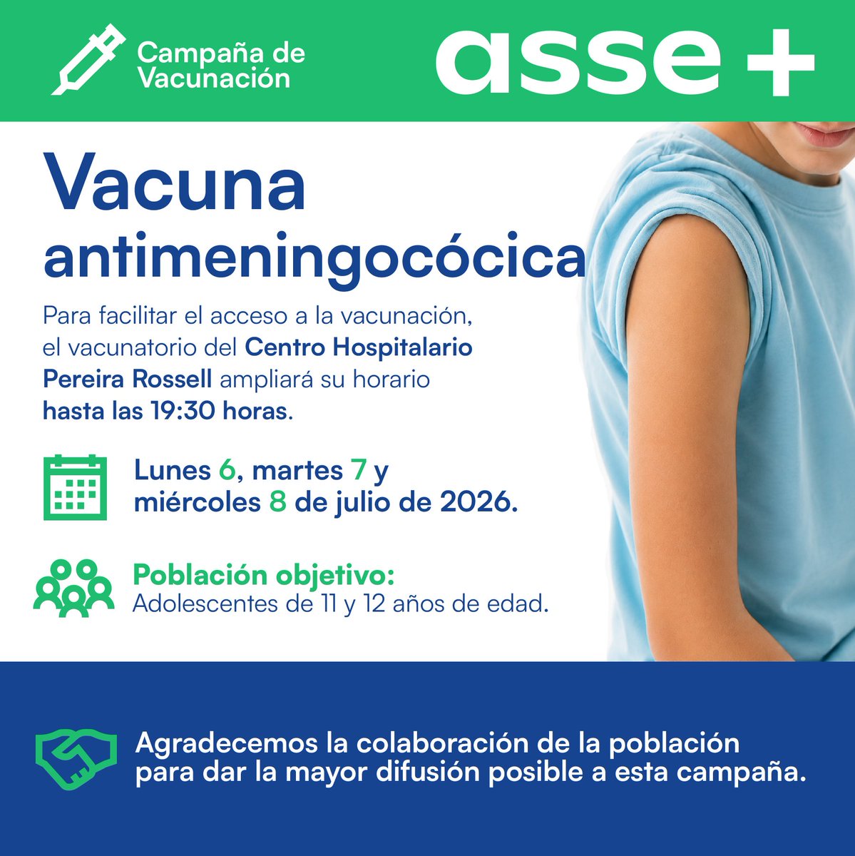 ASSEcomunica's tweet photo. 💉 Este lunes, martes y miércoles, el vacunatorio del Centro Hospitalario Pereira Rossell ampliará su horario de atención en el marco de la campaña de vacunación antimeningocócica. https://t.co/RszsdbGeju