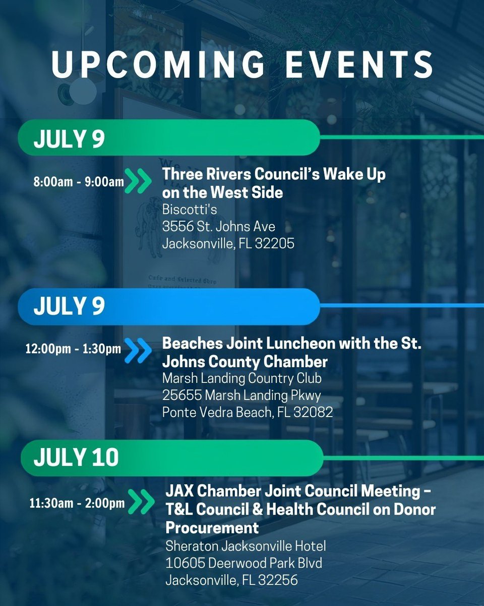 JAXChamber's tweet photo. Which of these events will you be attending this week? ⬇️

📅 July 9 - Three Rivers Council JAX Chamber’s Wake Up on the West Side
Time: 8:00am - 9:00am
Sign up here: https://t.co/NWagHRwbvT

📅 July 9 - JAX Chamber Beaches Division Joint Luncheon with the St. Johns County Chamber of Commerce
Time: 12:00pm - 1:30pm
Sign up here: https://t.co/ToEaqiyw2Z

📅 July 10 - JAX Chamber Joint Council Meeting – T&L Council & JAX Chamber Health Council on Donor Procurement
Time: 11:30am - 2:00pm
Sign up here: https://t.co/pDURxUeIQK

📅 July 12 - Blue Cypress Park Cleanup with NextUp JAX and the Rising Tides
Time: 10:00am - 12:00pm
Sign up here: https://t.co/6V2yS5Z5ru

Explore more events here - https://t.co/lE1D98vizw

#JAXChamber #upcomingevents #jacksonvillefl #eventsinjax